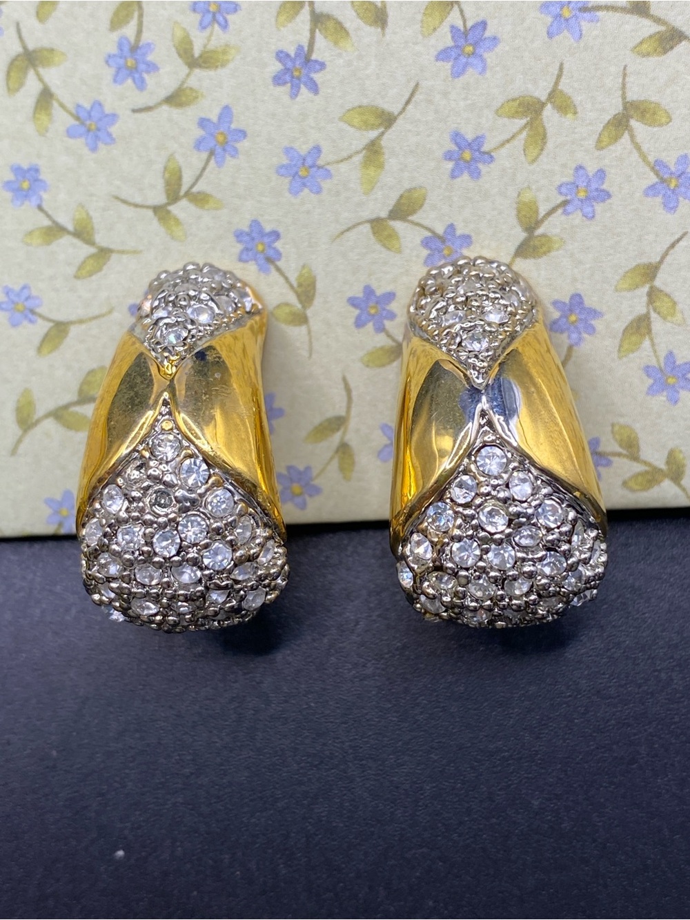 Gold Tone Rhinestone Pave Clip On Earrings Chunky Half Hoops